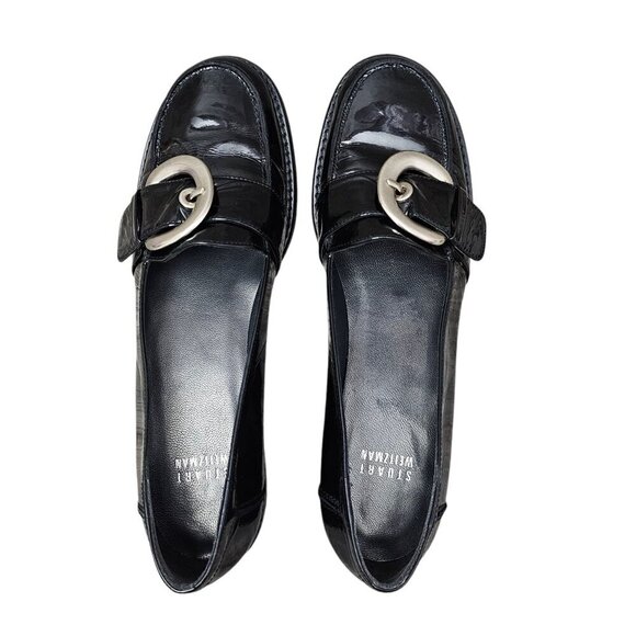 Stuart Weitzman Black Patent Leather Buckle Slip On Loafer Shoe - Picture 5 of 8